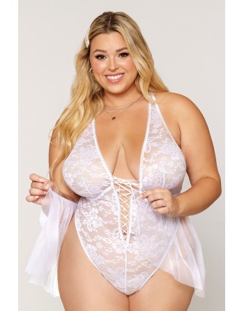 Body grande taille dentelle blanc avec tulle amovible - DG12918XWHT