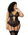 Body noir grande taille en dentelle et résille avec porte jarretelles - MAL8568XBLK