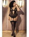 Body noir grande taille en dentelle et résille avec porte jarretelles - MAL8568XBLK