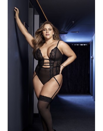 Body string grande taille en dentelle et résille noire transparente - MAL8683XBLK