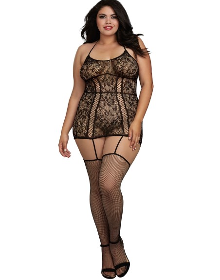 Combinaison grande taille en dentelle et lanières entrecroisées devant et derrière - DG0331XBLK