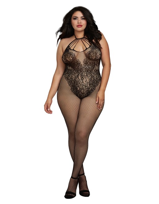 Bodystocking Grande taille résille dans un style Body avec magnifique décolleté à lanières - DG0326XBLK