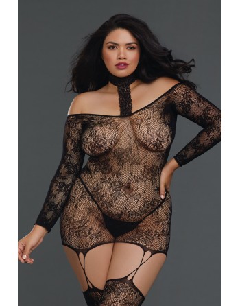 Bodystocking résille guêpière grande taille réversible avec tour de cou - DG0318XBLK