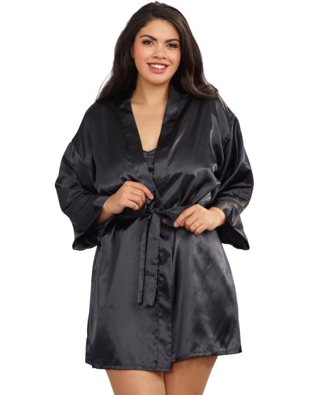 Nuisette grande taille noire avec peignoir satinés - DG3717XBLK