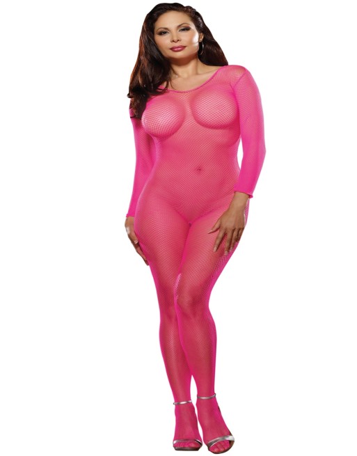 Bodystocking rose fluo résille grande taille ouvert à l'entre-jambes - DG0015XHPK