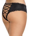 Tanga grande taille noir satiné bordures dentelle ajouré sur les fesses - DG1434XBLK