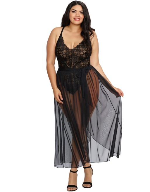 Body string noir grande taille échancré dentelle avec jupe de maille transparente amovible - DG10996XBLK