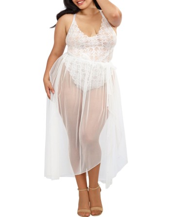 Body string grande taille blanc échancré dentelle avec jupe de maille transparente amovible - DG10996XWHT