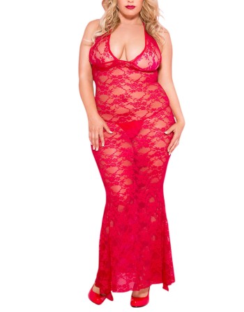 Nuisette grande taille longue rouge décolletée dentelle florale - ML53012XRED