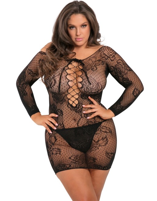 Nuisette grande taille noire fine résille manches longues - REN7067X-BLK