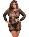 Nuisette grande taille noire fine résille manches longues - REN7067X-BLK