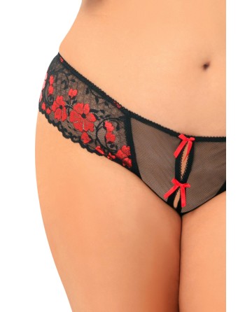 String ouvert grande taille noir avec fleurs rouges - REN1028X-RED